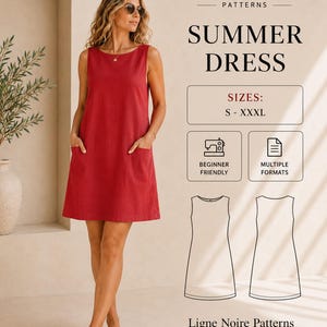 Könnte beinhalten: Ein ärmelloses rotes Kleid mit Rundhalsausschnitt und zwei Vordertaschen. Das Bild enthält Text: LIGNE NOIRE PATTERNS, SUMMER DRESS, SIZES: S - XXXL, BEGINNER FRIENDLY, MULTIPLE FORMATS sowie Strichzeichnungen der Vorder- und Rückseite.