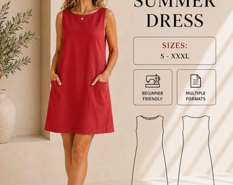 Shift Dress Sewing Pattern, Boat Neck Sleeveless Linen Summer Dress PDF, Easy A-Line Style, A4 A0, Sizes S–4XL
