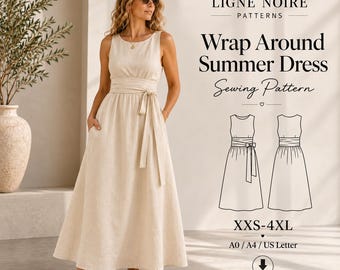 Linen Wrap Dress Sewing Pattern, Sleeveless Tie Waist Maxi PDF, Beginner A4 A0 Letter, Sizes XS–3XL