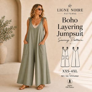 Puede incluir: Un mono de color verde salvia con perneras anchas, tirantes para anudar y dos grandes bolsillos delanteros. El texto dice LIGNE NOIRE PATTERNS Boho Layering Jumpsuit Sewing Pattern, tallas XXS-4XL, A0 / A4 / US Letter, Digital PDF Pattern.