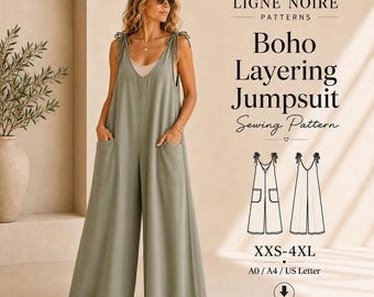 Linen Wide Leg Jumpsuit Sewing Pattern, Boho Layering Overalls PDF with Tie Straps and Pockets, No Zipper, XS–4XL