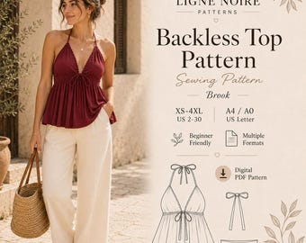 Halter Top Sewing Pattern PDF, Backless Front Tie Peplum Top, Y2K Summer Crop Top Pattern, Beginner A0 A4 US Letter