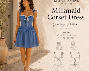 Milkmaid Dress Sewing Pattern PDF, Cottagecore Corset Mini Dress, Summer Sundress Pattern, Tie Strap Dress, A0 A4
