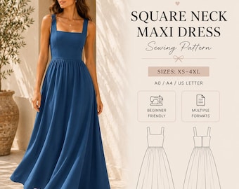 Square Neck Maxi Dress Sewing Pattern PDF, Prom Dress Pattern, Formal Evening Gown, Wedding Guest Dress, A0 A4 US Letter