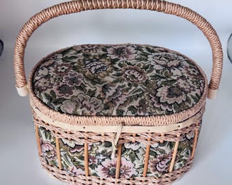 Vintage Floral Sewing Basket with Handle, Wicker Sewing Box, Cottagecore Craft Storage, Needlepoint Knitting Basket