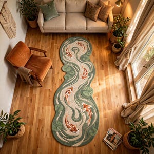 Puede incluir: Una alfombra alargada de forma orgánica con un motivo de estanque que presenta patrones de agua en verde salvia, nenúfares blancos y cinco peces koi naranjas y blancos nadando en el diseño, colocada sobre un suelo de madera clara.