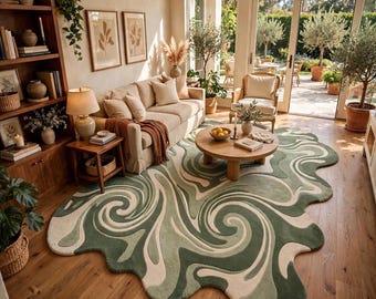 May include: An area rug with an irregular, organic shape featuring a swirling, marbled pattern in shades of sage green, olive, and cream. The rug is placed on a light-colored wooden floor in a living room setting, showcasing its fluid design.