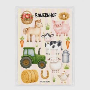 May include: A rectangular sheet featuring watercolour illustrations of farm life, including a horse, cow, pig, sheep, chicken, tractor, hay bale, and basket of apples. The text BAUERNHOF and WWW.BURGFROLLEIN.DE are printed on the light striped background.