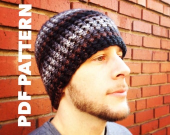 One Hour Striped Mens Beanie Crochet Pattern- Chunky Hat Pattern- Quick and Easy Crochet Striped Beanie Pattern for Men- Instant Download