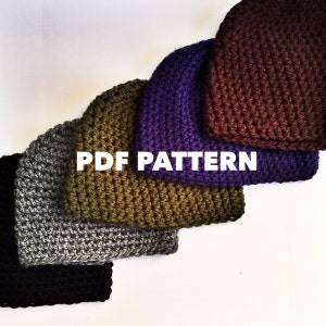 May include: A set of six crocheted beanies in various colors, including black, gray, green, purple, and brown. The beanies are stacked on top of each other, with the text "PDF PATTERN" in white letters on a black background.