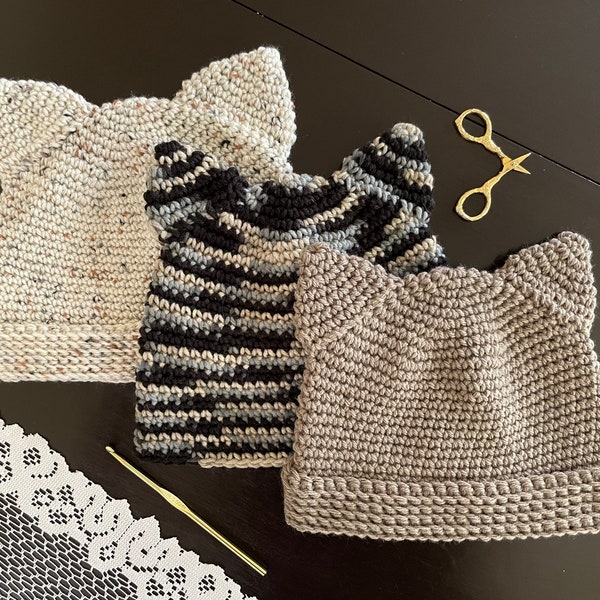 Patrón de gorro con orejas de gato a crochet - Patrón de gorro de gato adulto para mujer - Patrón de gorro de gato a crochet fácil