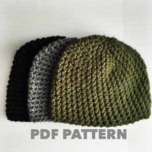 May include: Three crocheted hats in black, gray, and green. The hats are stacked on top of each other. The text "PDF PATTERN" is printed below the hats.