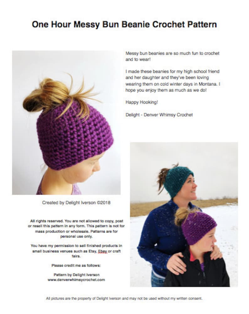 One Hour Kids Messy Bun Beanie Crochet Pattern Bun Beanie | Etsy