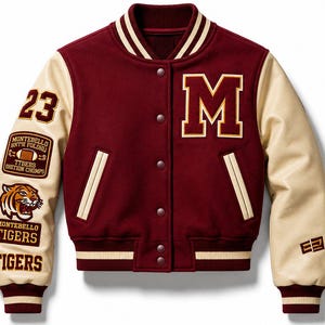 Può includere: Una giacca varsity bordeaux e crema con una grande lettera M sul petto, il numero 23 sulla manica destra e toppe che includono una testa di tigre, il testo Montebello Tigers e immagini di football. Presenta bottoni a pressione e bordi a righe.