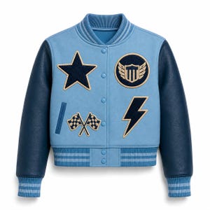 Light Blue Varsity Jacket, Cropped Letterman Bomber with Navy Leather Sleeves and Chenille Patches