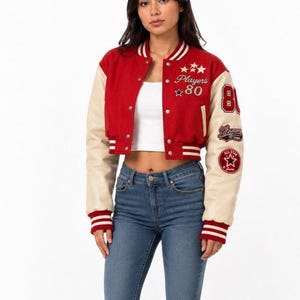 Custom Red Cropped Varsity Cowhide Leather Jacket Sleeve Letterman Coat Vintage Style