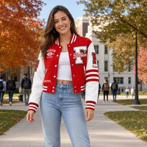 Custom Red Varsity Jacket Cropped Letterman Bomber White Leather Sleeves Fashion Chenille F Patch
