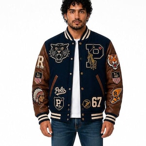 Custom Black Varsity Jacket with Panther Patches, Brown Sleeves and Personalized Collegiate