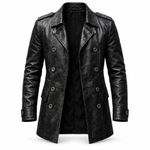 Men’s Black Leather Double Breasted Coat with Notched Lapels, Shoulder Epaulettes and Button Cuffs