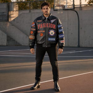 May include: A black leather bomber jacket featuring multiple patches with the word FASHION, basketball graphics, and a circular emblem with the text JESUS TOWN. The jacket has a front zip closure, a collar, and ribbed cuffs and hem.