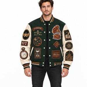 Può includere: Una giacca varsity verde scuro con maniche color crema, caratterizzata da varie toppe ricamate tra cui un grammofono, una clessidra, una bussola e le scritte "FASHION," "MCM LXX," "Time is Rare," "No 7," "19 77," "Timeless," e "MEMORY."