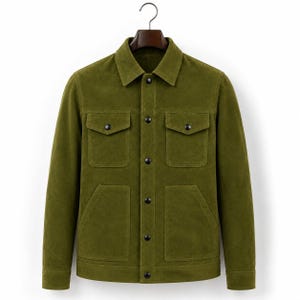 May include: An olive green suede jacket featuring a classic collar, long sleeves with buttoned cuffs, and a front button closure. The garment includes two chest pockets with buttoned flaps and two lower side pockets, all finished with dark hardware.