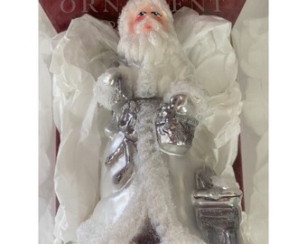Vintage Koronex Santa Claus Ornament: Hand Blown Glass, White Robe, Silver Accents