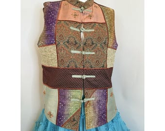 Vintage Multiples Women's Medium Patchwork Sequined Silk Blend Print Vest NWOT