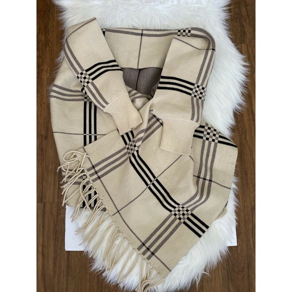 Vintage Beige Gray Tartan Plaid Wrap Sweater One Size With Sleeves Reversible Fringed Unique Rare Foldable Travel Wrap Many Uses 1980s Etsy UK