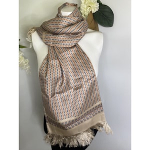 Vintage Beige Multi 100% Silk Rectangular Scarf 12&quot; x 45&quot; Japanese Fringe Handmade Vibrant Retro Head Covering 1970s Secretary Geek Preppy