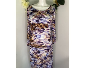 Escada Emylia Sheath Midi Dress: Purple Abstract Print, Bodycon 3/4 Sleeve