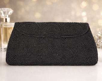 Hato Hasi Black Beaded Vintage Japan Satin Lined Clutch Evening Formal Purse EUC