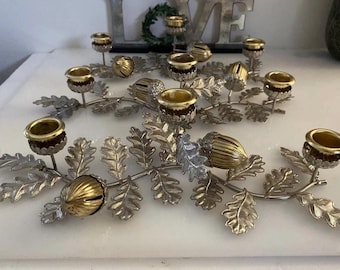 Silver & Gold Tone Horizontal Candlestick Stick Holder Leaf w Hazelnut Design