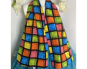 Vintage Travis Ayers Silk Scarf: Mod Plaid Shawl, Mid Century Color Block