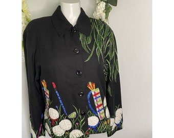 Vintage Anage Black Blazer Jacket Women's Size Medium Embroidered Appliqued Golf Theme Holiday Cotton Made in India Boho Peasant Colorful