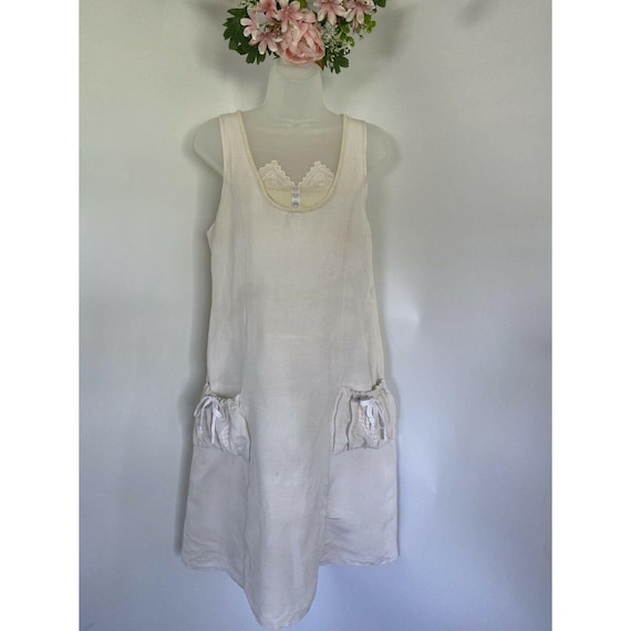 Vintage Lady Cotton Linen Lace Dress Midi Sleevele