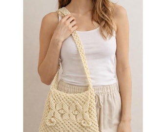 70s Plastic Macrame Purse Bag Crossbody Shoulder Crochet Ivory Beige Retro Boho