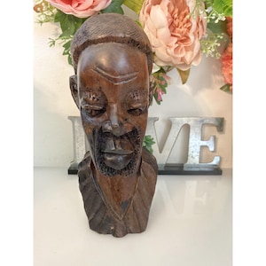 Vintage 1960s Tribal Man Hand Carved African Male Exotic Wood 8&quot; Head Bust Stump
