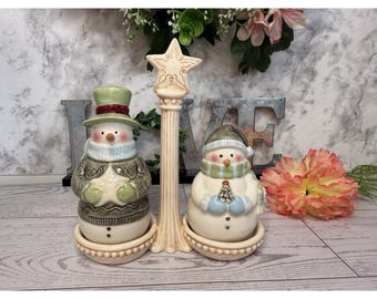 Snowman Salt Pepper Shaker with Caddy 3 pc Set 5.5" Vintage '70s Macy's Holidays