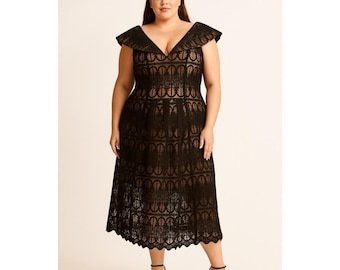 Vintage Black Lace Fit and Flare Dress, Size 18W, 90s Y2K