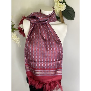 Vintage Red White Blue 100% Silk Rectangular Scarf 12"x 45" Japanese Fringe Handmade Vibrant Retro Head Covering 1970s Secretary Geek Preppy