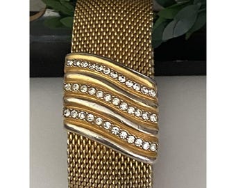 Vintage 1960s Gold Tone Mesh Bangle Bracelet with Rhinestones