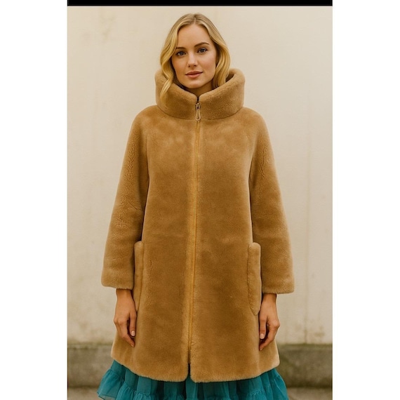 Borgana 1950-60s Faux Fur Med Long Coat Camel Color Full Zip High