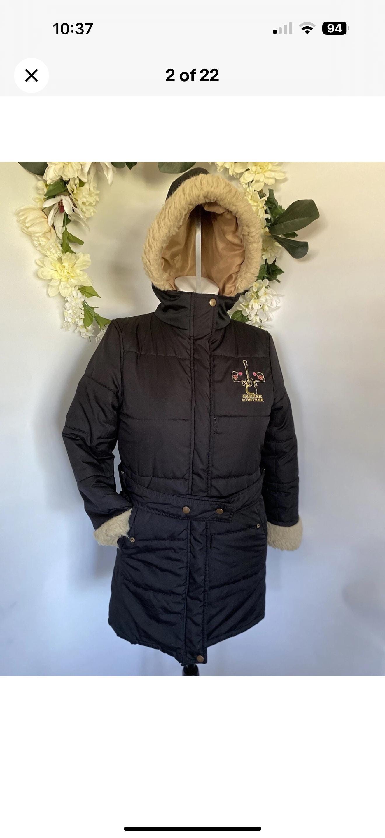 Vintage Y2K Hannah Montana Puffer Coat: Black Embroidered Faux Fur 