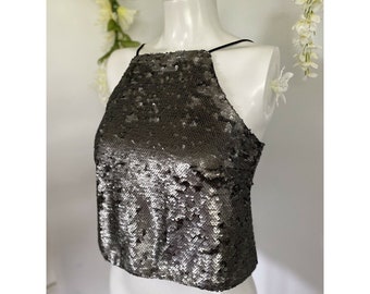 Vintage Sugar Lips Sequin Cropped Camisole Cami Tank Top Sz Small gris métallisé Disco des années 1980 pour femmes des années 1980 Racer Back Sexy Glam Rad Mod Bling