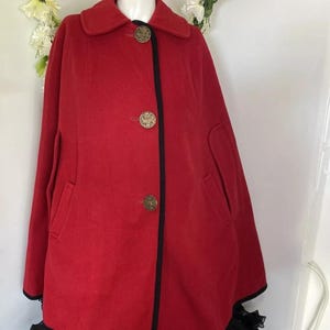 1960s Red Wool Cape Coat: Penguin Fashions Vintage Cloak, Gold Buttons