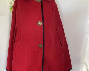 1960s Penguin Fashions Red Black Trim Wool Cape Coat Gray Wool Lining Vintage Cloak Made in USA with Elaborate Oversized Gold Tone Buttons