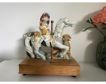 Vintage Willitts Carousel Horse Music Box: Girl with Teddy Bear