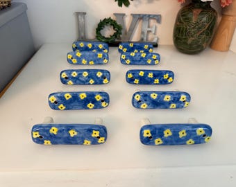 Vtg Hand Painted Ceramic 10 Available Floral Drawer Pulls Blue Yellow 3" Center