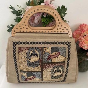 Vintage Bag with Dalmatian and Shih Tzu Dogs Beaded Tapestry and Faux Velour Handbag Bag with double Wood Stud Handles Retro Granny Unique